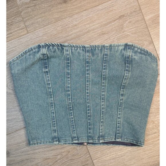 2/$30 NWT PrettyLittleThing Petite 2 Denim Corset Top Blue Zippered Back - Picture 1 of 9